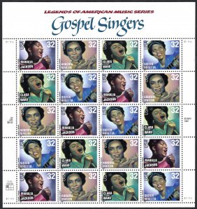 United States #3216-3219 32¢ Gospel Singers (1998). Mini-sheet of 20. MNH