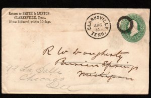 $Tennessee Postal Stationery cover, Clarksville Aug 26 Chicago Carrier Backstamp