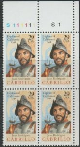 1992 Juan Rodriguez Cabrillo Plate Block of 4 29c Stamps, Sc# 2704, MNH, OG