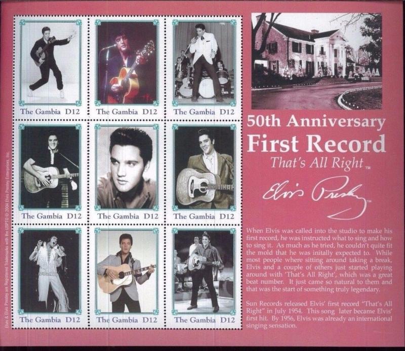 ELVIS PRESLEY First Record Thats All Right Commemorative Sheet of 9 Gambia E115 