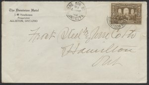 1918 RPO Postmark Beeton & Collingwood RPO/ No3 on Alliston ONT Hotel Cover