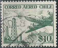 Chile C176 (used) 10c plane over oil derricks, bluish grn (1956)