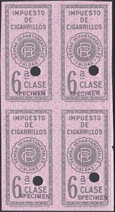 COLOMBIA 1910 Caldas Cigarette Tax 6a proof block of 4 opt SPECIMEN.........7902