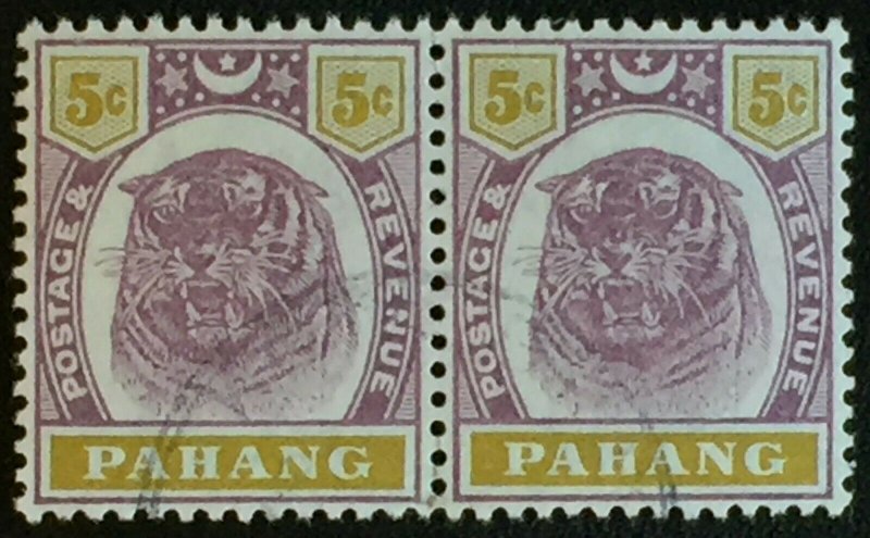 Malaya 1897 Pahang Tiger 5c pair Fine Used SG#16 M2439