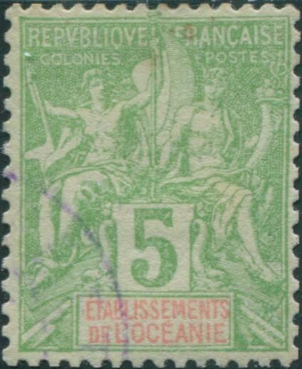 French Oceania 1892 SG14 5c green and red navigation and commerce FU