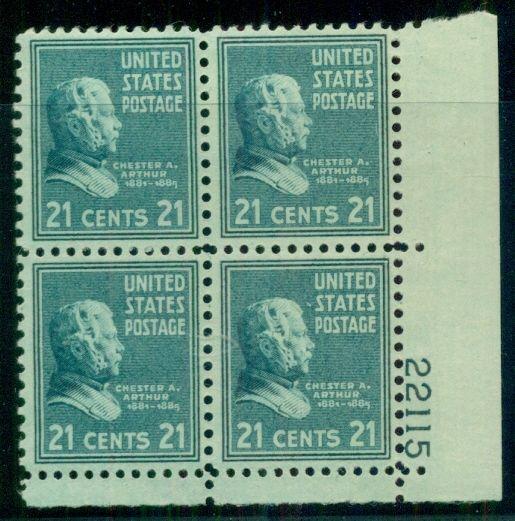 US #826 21¢ Chester Arthur, Plate No. Block of 4, og, NH, VF 