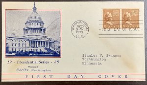 840 Unkown cachet Martha Washington Coils, Prexie Series FDC 1939