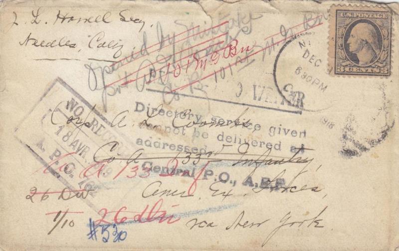 1919, AEF: To 133rd Infantry, Well Traveled Cover, See Remark (M1556)