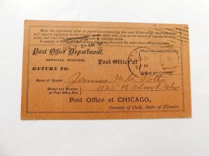 Registered Mail Receipt Postal Card, 1896, Sent from Chicago P.O., Registered #