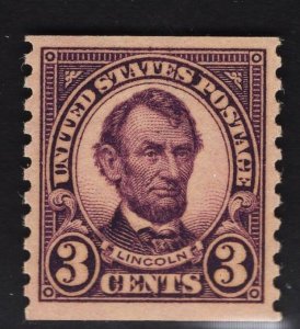 US #600 3c Violet Lincoln Coil MINT NH  SCV $10.50