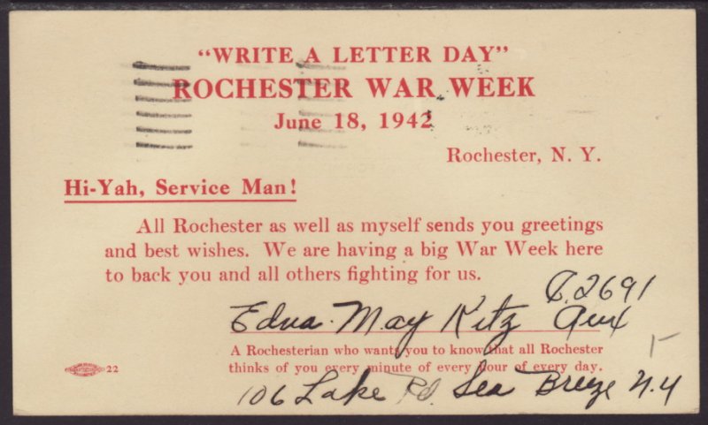 US Rochester War Week,Rochester,NY 1942 Postcard Cover