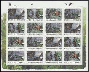 Comoro Is. WWF Livingstone's Fruit Bat Imperf Sheetlet of 4 sets 2009 MNH