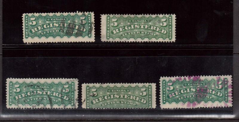 Canada #F2 & #F2 Variety Used Lot Of Five Sizes & Shades Plus 1 Lovely Cancel