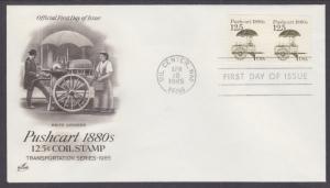 US Sc 2133, PNC 1 FDC. 1985 12.5c Pushcart Coil Pair w/ Plate No., ArtCraft