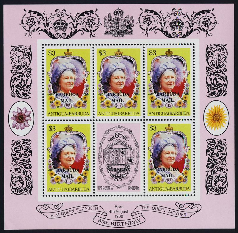 Barbuda 729.31,6 Sheets MNH Queen Mother 85th Birthday, Flowers