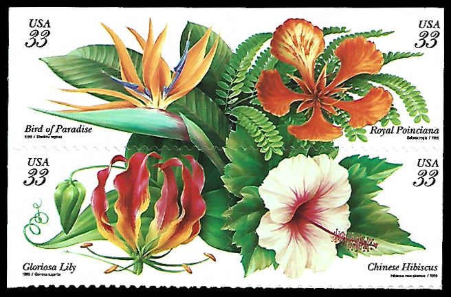 PCBstamps    US #3310/3313a Bk Block $1.32(4x33c)Tropical Flowers, MNH, (5)