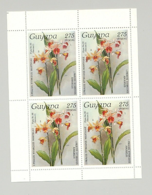 Guyana #1728 Postage and Surcharge Albino o/p Error Orchids 1v M/S of 4