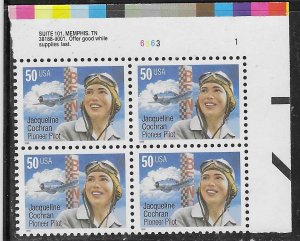 US#3066 50c  Jacqueline Cochran  Plate Block of 4 MNH CV $5.00