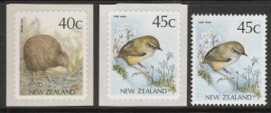 New Zealand 1991 Self Adhesive Kiwi & Rock Wren + Mint (3) MUH