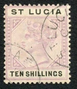 St Lucia SG52 10/- Dull Mauve and Black CDS used Cat 160 pounds