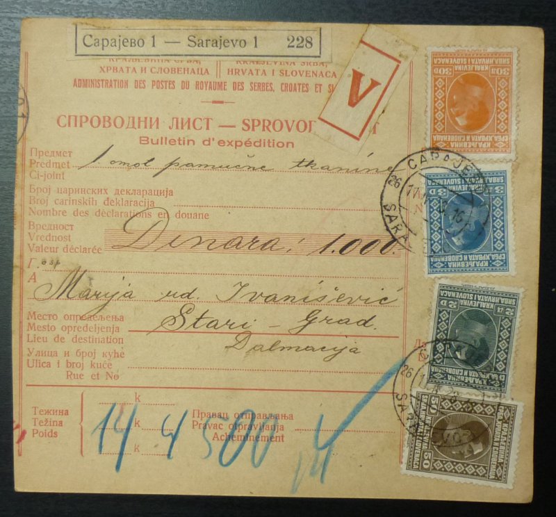 Yugoslavia 1928 Parcel Card from Sarajevo Bosnia to Stari Grad Croatia A17