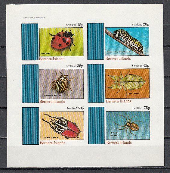 Bernera Is. 1982 Local issue. Various Insects, IMPERF sheet of 6.