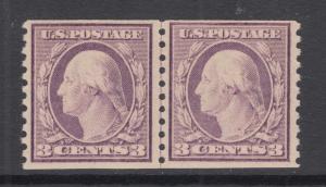 US Sc 493 MNH. 1917 3c Washington, Joint Line Coil Pair, perf 10, fresh & F-VF