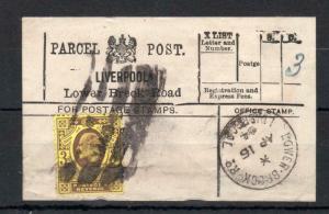 EDWARD VII 3d USED ON PARCEL POST LABEL (LIVERPOOL, LOWER BRECK ROAD)