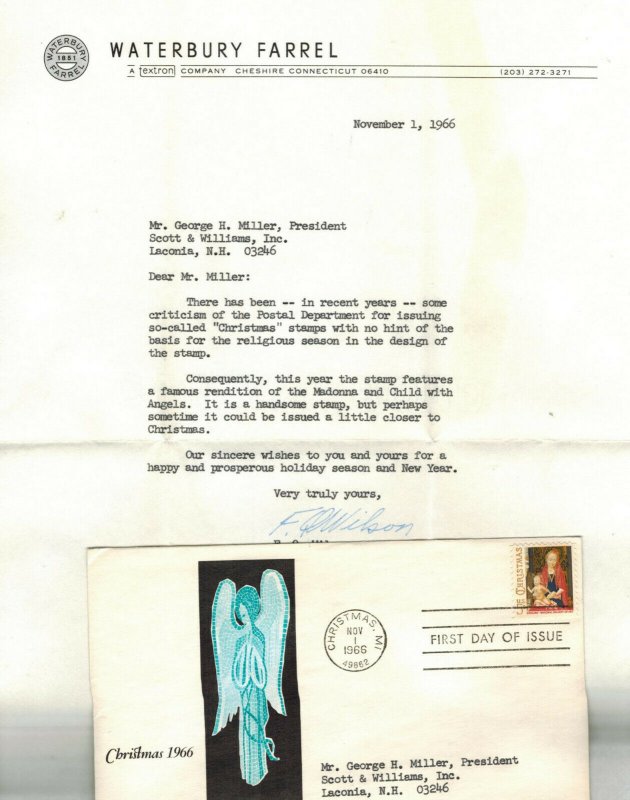 1966 CHRISTMAS MICHIGAN FDC #1321 Marg + Waterbury Farrell Advertising Letter