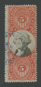 USA R148 - 5 Dollar 3rd Issue Revenue - Fine Used with Blue Handstamp Cancel