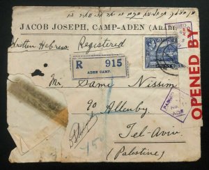 1940 Aden Refugee Camp WWI Registered Censored Cover Tel Aviv Palestine Judiaca