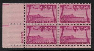 1952 Airmail Sc C46 80c Hawaii plate block of 4 MNH 24593LL   Durland CV $25