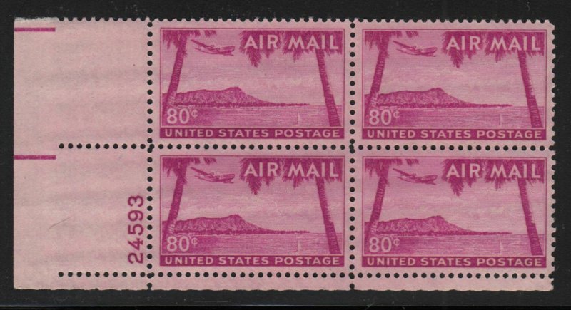 1952 Airmail Sc C46 80c Hawaii plate block of 4 MNH 24593LL   Durland CV $25