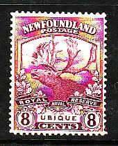 Newfoundland-Sc#121- id7-unused hinged 8c magenta Caribou-Ubique-1919- rainbow