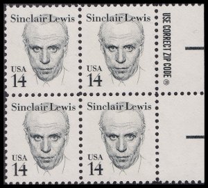 US 1856 Great Americans Sinclair Lewis 14c zip block UR 4 MNH 1985