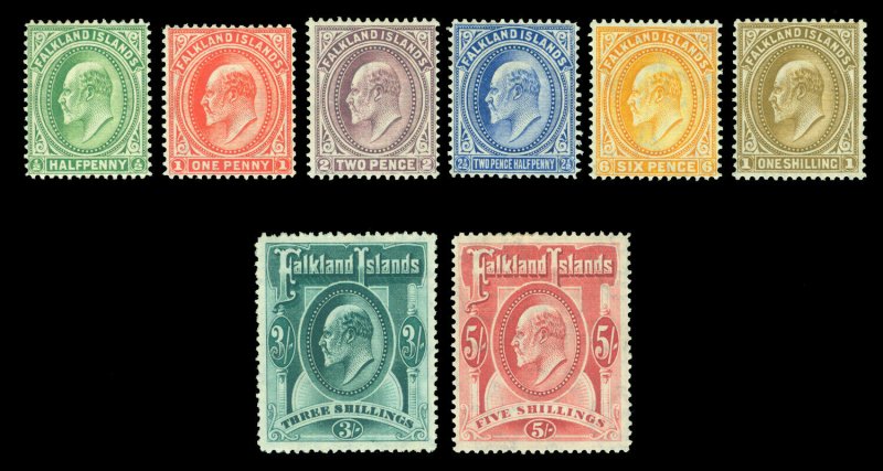 FALKLAND ISLANDS 1904-07 KEVII  complete set  Scott # 22-29 (SG 43-50) mint MH