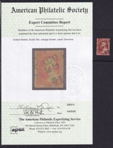1851 Washington 3c orange brown Sc 10A used Type II single CV $160 APS Cert (A