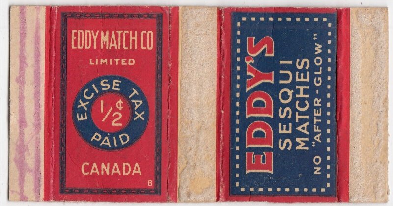 Canada Revenue 1/2¢ Excise Tax Matchbox EDDY'S SESQUI MATCHES X 4