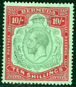 Bermuda KGV High Value SG.92 10s Key Plate (1924) CDS Used Cat £250 BRBLUE56