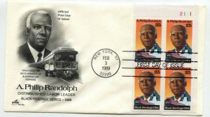 2402 A Philip Randolph, Black Heritage, 1989, Artcraft, plate block, FDC