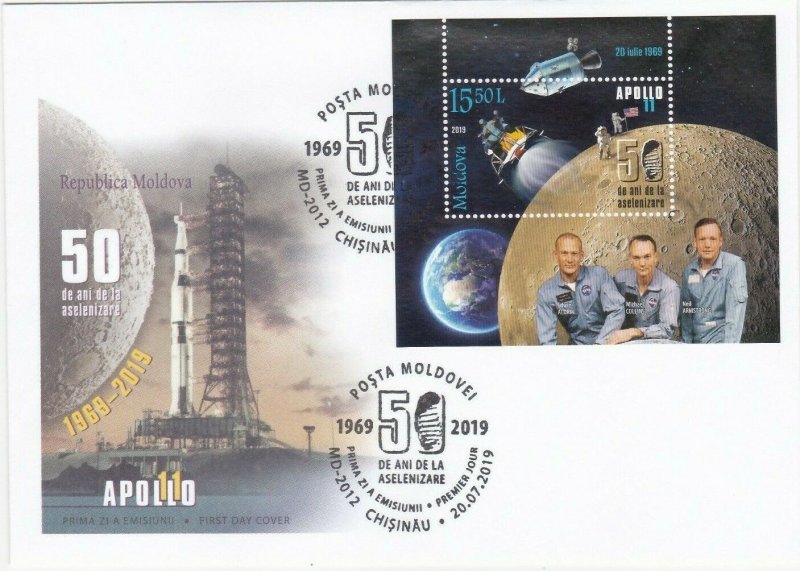 2019 MOLDOVA - MOON LANDING 50TH ANNIVERSARY MINI SHEET  ON FIRST DAY COVER