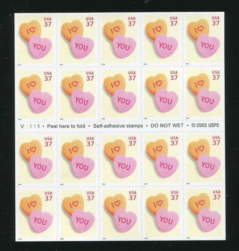 3833 Love Conversation Hearts Sheet of 20 37¢ Stamps MNH