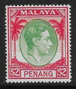 MALAYA PENANG SG21 1949 $2 GREEN & SCARLET MTD MINT