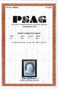 Scott #8A - $2,000.00 – F/VF-Unused/NG – Rare Unused Type IIIa – 2021 PSAG Cert