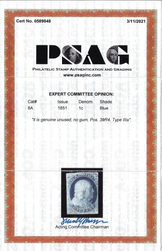 Scott #8A - $2,000.00 – F/VF-Unused/NG – Rare Unused Type IIIa – 2021 PSAG Cert