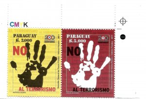 PARAGUAY 2011 SAY NO TO TERRORISM CAMPAIGN PAIR  SET OF 2 VALUES MINT NH