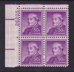 1955 issue Susan B. Anthony Sc 1051a dry printed MNH plate block of 4 (M2