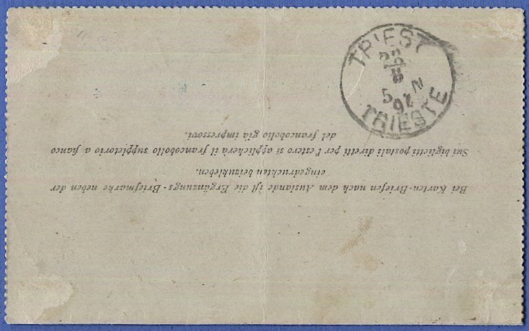 AUSTRIA 1894  5kr used Lettercard, LLOYD AUSTRIACO LVIII Sultan Blue cancel