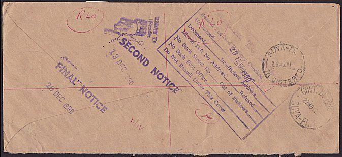 FIJI 1990 Official Reg cover ex GOVT BUILDINGS : RETURNED TO SENDER.........5964