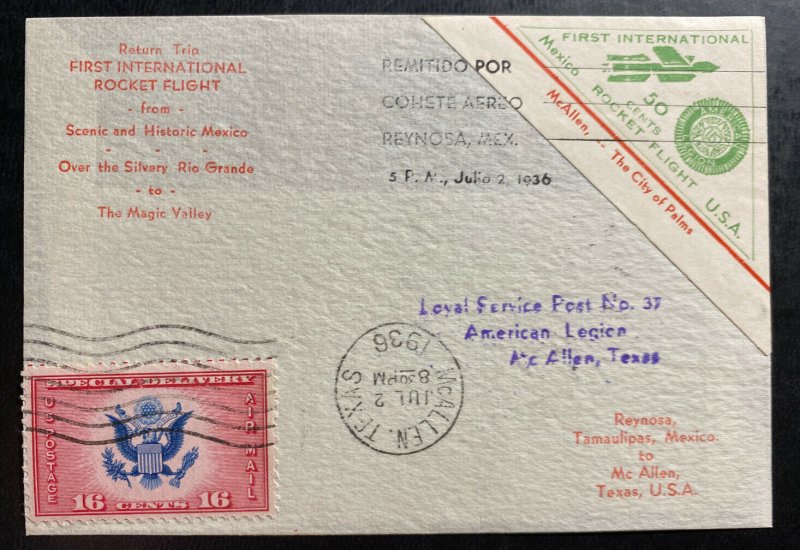 1936 Reynosa Mexico First Rocket Flight Mail cover FFc To McAllen TX USA K